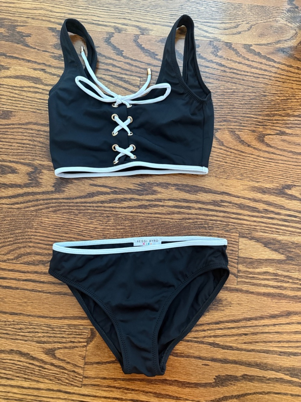 Black Girls' Lace-Up Two-Piece Swim Bikini with White Trim